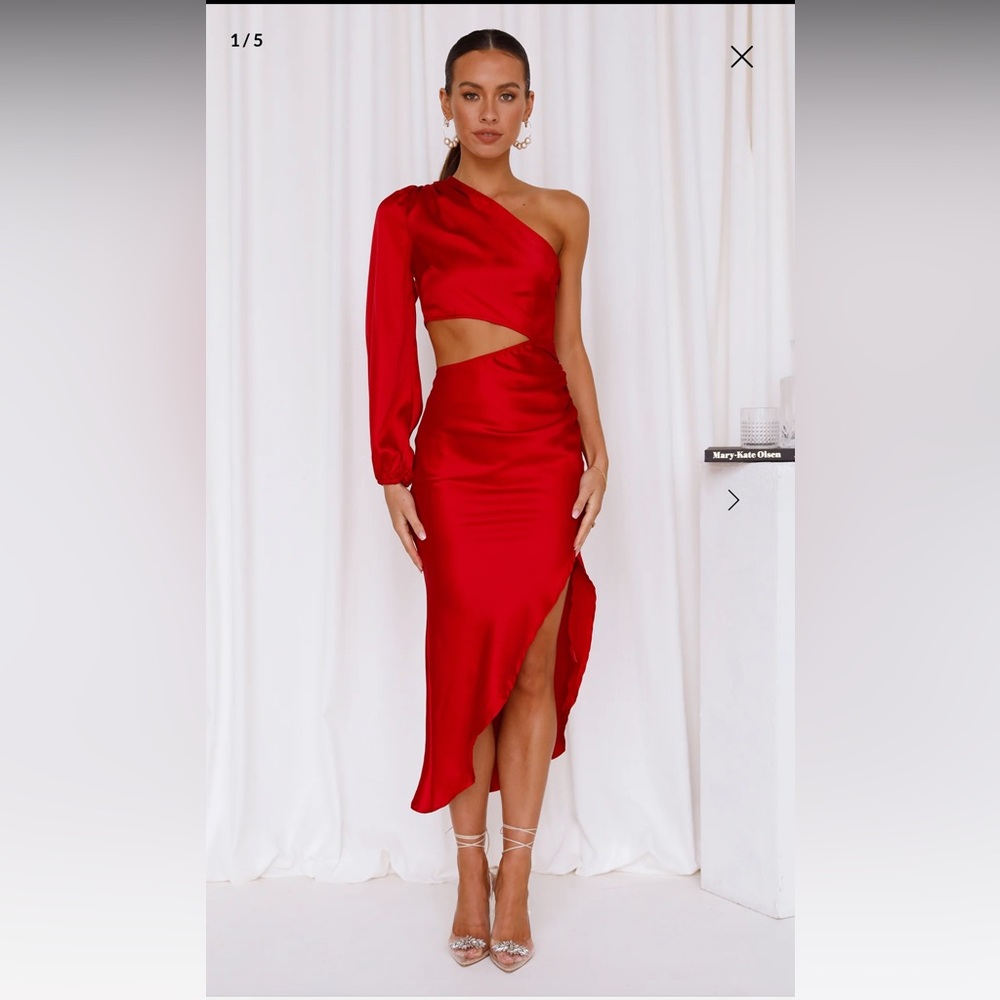 Hello Molly Secret to Tell Satin Midi Dress Red One-Shoulder Dress